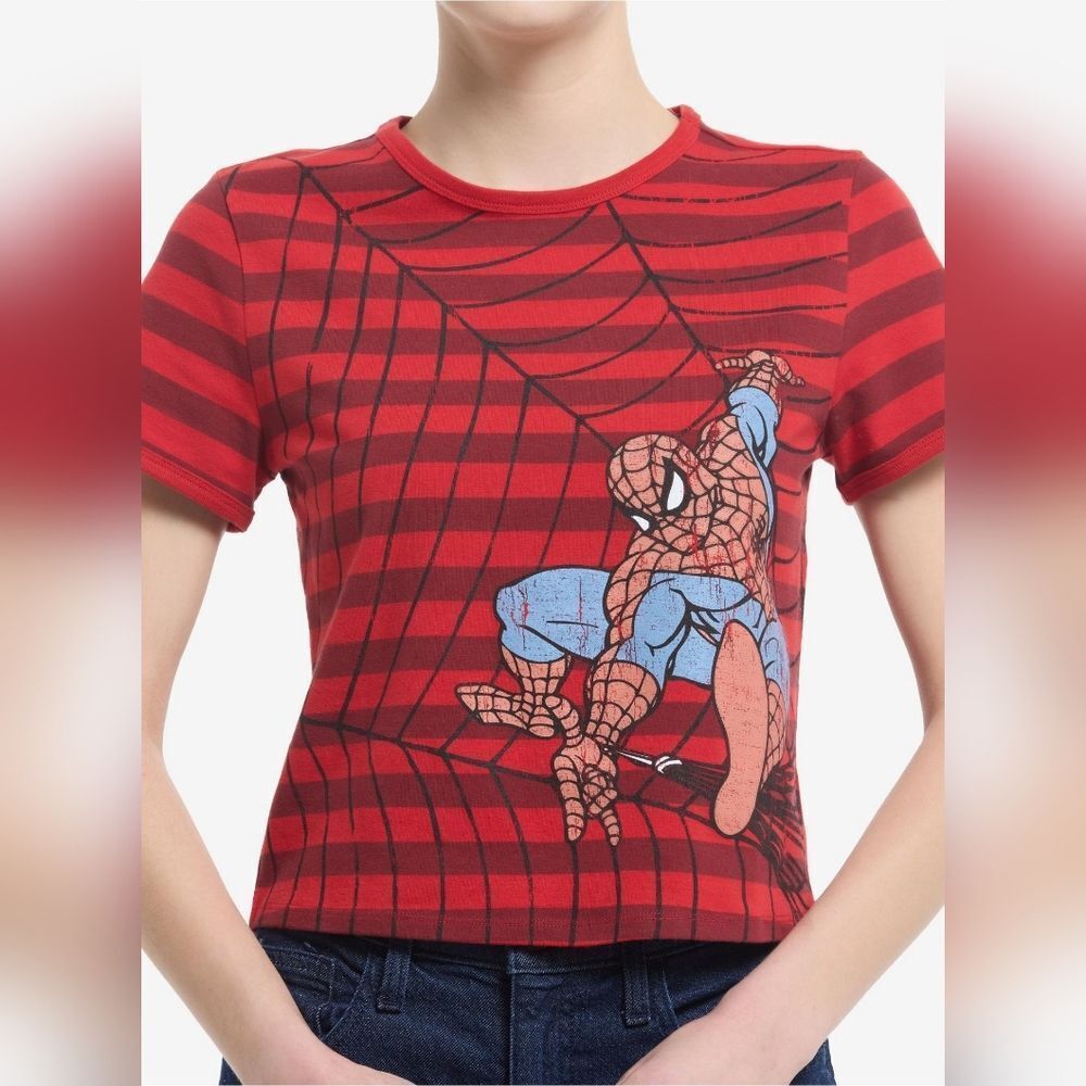 🔹️NWT Marvel Spiderman Red Stripe Crop Short Sleeve Top Medium
